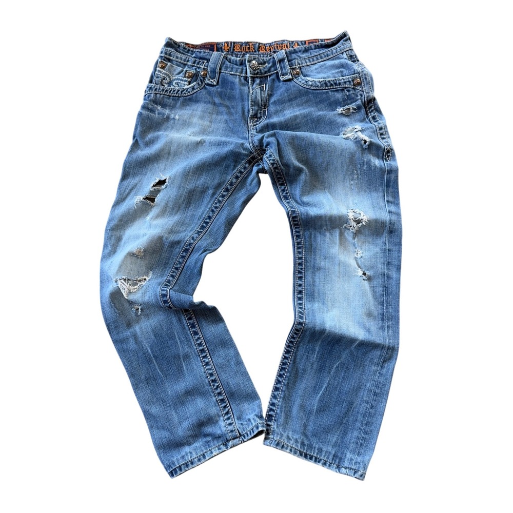 Mens Rock Revival Paul Straight Jeans Size 30 Blue Distressed Embroidered Pocket